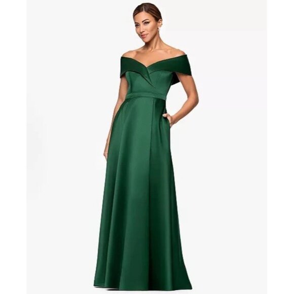 Xscape Size 6 Green Off the Shoulder Satin Front Slit Formal Gown Cocktail Dress - Picture 1 of 13